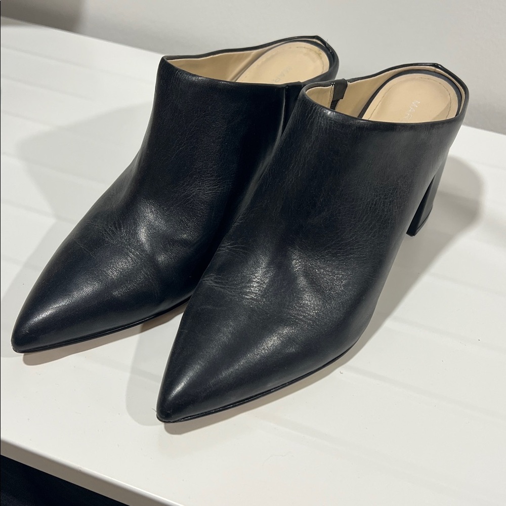 Marc Fisher Womens Heeled Mules Shoes Size 9M Black Leather Pointed Toe Block